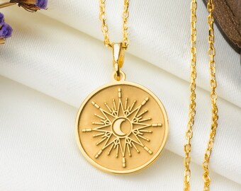 14K Solid Gold Sun And Moon Necklace, Celestial Jewelery, Dainty Sun and Moon gift, Silver Sun and moon Necklace, Sonar Necklace