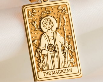 14K Solid Gold The Magician Tarot Charm Necklace, Silver The Magician Tarot Charm Pendant, Dainty Rose Gold Tarot Card Charm Gift