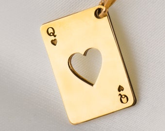 14 K Solid Gold Queen Of Hearts Necklace, Silver Queen of Hearts Charm Personalized Necklace gift For her, Personalized Card Charm Necklace