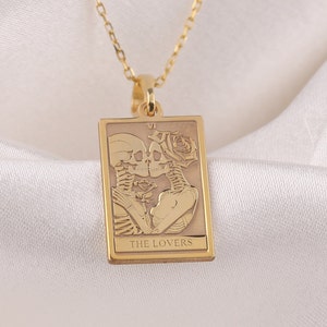 14K Solid Gold Lovers Tarot Card Necklace, Tarot Reading Rectangle Charm, Gold Tarot Lovers Pendant , Solid Gold Tarot Lovers Necklace