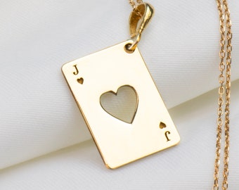 14K Solid Gold Jack Of Hearts Necklace, Silver Jack of Hearts Charm Pendant, Dainty Playing Card Necklace, Silver Knave of Hearts Necklace