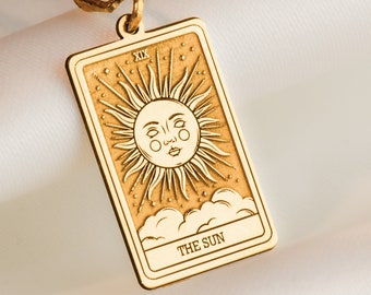 14K Solid Gold The Sun Tarot Charm Necklace, Silver The Sun Tarot Pendant, Minimalist Rose Gold Tarot Card Charm, Unique Tarot Card Necklace