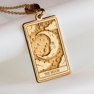 14K Gold Mond Tarot Kartenanhänger | Sterling Silber Arcana XVIII Halskette | Mystische Intuition Schmuck | Mond Wahrsagung Amulett Geschenk