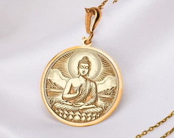14K Solid Gold Enlightenment Buddha Gold Necklace, Buddha Gift for Yogi, Gold Buddha Statue Charm Necklace, Silver Buddha Charm Pendant