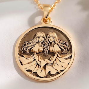 14K Solid Gold Gemini Zodiac Coin - Sculptural Twin Faces Talisman