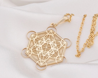 14K Solid Gold Metatron&#39;s Cube Pendant Necklace, Personalized Sacred Geometry Protection Talisman, Protective Amulet Silver Pendant Gift