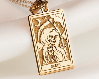 Collar de encanto de tarot de muerte de oro macizo de 14K, colgante de tarot de muerte de plata, joyería de cartas de tarot, collar de tarot minimalista, encanto de tarot único,