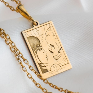 14K Massivgold-Liebhaber-Tarot-Kartenhalskette, Tarot-Leserechteck-Charme, Silber-Tarot-Liebhaber-Anhänger, Silber-Tarot-Liebhaber-Halskette