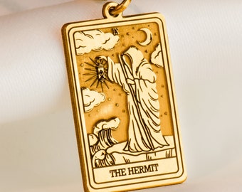 14K Solid Gold The Hermit Tarot Card Necklace, Solid Gold Major Arcana Charm Necklace, Silver The Hermit Rose Gold Charm Locked Pendant