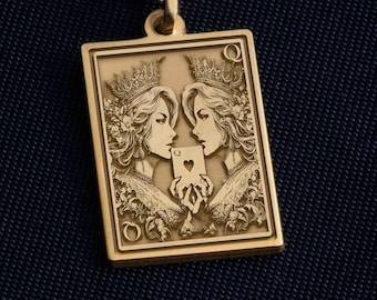 14K Solid Gold Ace of Queens Pendant - Sapphic Pride Card Necklace Charm