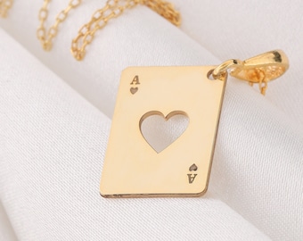 14 K Solid Gold Ace Of Heart Necklace, Silver Ace of Hearts Charm Lucky in Love Silver Heart of the Game necklace Gold Ace of Spades Charm