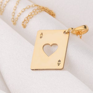 14 K Solid Gold Ace Of Heart Necklace, Silver Ace of Hearts Charm Lucky in Love Silver Heart of the Game necklace Gold Ace of Spades Charm
