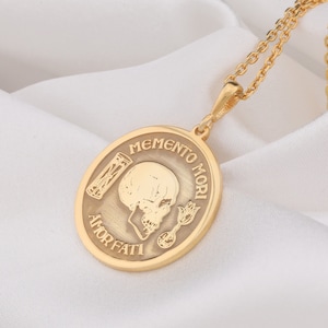 14K Solid Gold Memento Mori Necklace, Silver Memento Mori Necklace, Silver Amor Fati Necklace, Skull Pendant, Silver Amor Fati Pendant