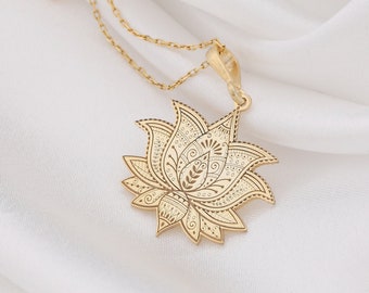 14K Solid Gold Lotus Necklace, Sacred Lotus, Silver Lotus Pendant, Zen Necklace Gold, Minimalist Lotus, Dainty Floral Necklace
