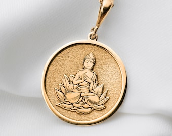 14K Solid Gold Buddha Lotus Charm Necklace, Silver Buddha Necklace