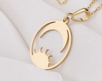 Sun and Moon Necklace 14K Solid Gold Celestial Jewelry Silver Sun