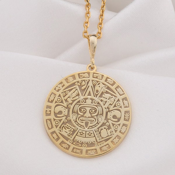 14K Solid Gold Aztec Calendar Pendant, Mayan Gold Jewelry, Perpetual Calendar Necklace, Aztec Calendar Coin Charm , Silver Mayan Necklace