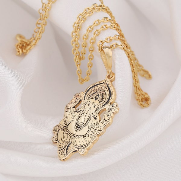 14K Solid Gold Ganesha Necklace, Silver Ganesha Pendant, Hindu Jewelry, Remover Obstacles, Lord Ganesha, Spiritual Gift, Elephant Gods