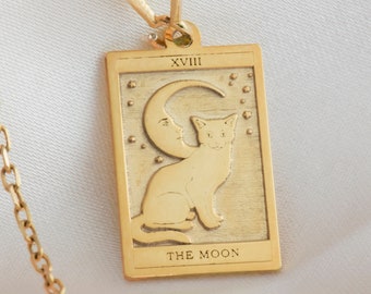 14K Solid Gold The Moon Tarot Card Necklace, Tarot Reading Rectangle Charm, Dainty Tarot Moon Charm, The Moon Necklace