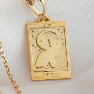 14K Solid Gold der Mond Tarot Karte Halskette, Tarot Lesung Rechteck Charme, zierliche Tarot Mond Charme, die Mond-Halskette