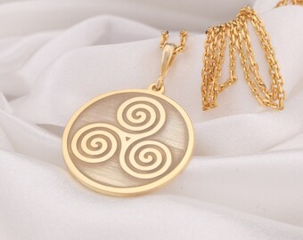 14K Solid Gold Triseklion Pendant, Celtic Necklace, Pagan Jewelery,  Triskele Necklace, Silver Triskelion, Triple Spiral Necklace