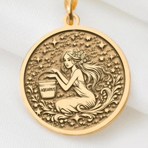 14k Solid Gold Aquarius Charm Necklace, Zodiak Wodnik, Biżuteria astrologiczna, Znak Wodnika, Zodiak Wodnik Prezent dla niej, Delikatny Zodiak