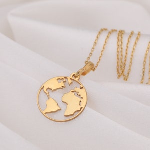 14K massief gouden wereldkaartketting, zilveren globetrotter-ketting, aardeketting, wereldsieraden, gouden geëmailleerde wereldmedaillon, sierlijke wereld