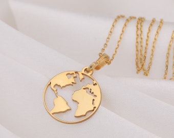 Collar de mapa mundial de oro macizo de 14K, collar trotamundos de plata, collar de tierra, joyería mundial, medallón mundial de esmalte de oro, mundo delicado