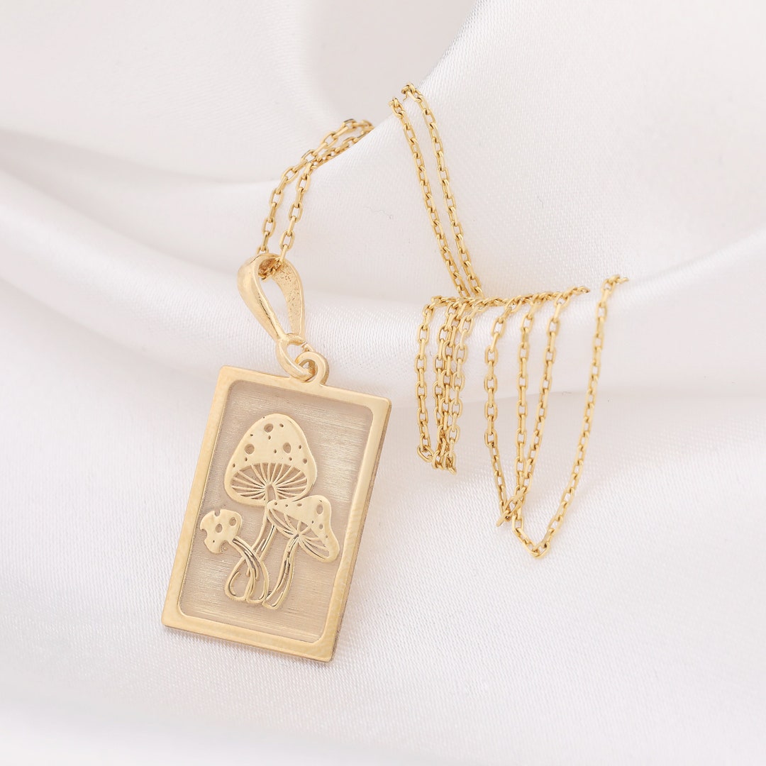 14K Solid Gold Mushroom Necklace, Silver Mushroom Charm, Mushroom Pendant, Mushroom Tarot