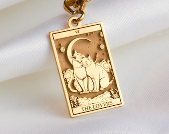 14K Solid Gold Cat Lovers Tarot , Cat Memorial Tarot Necklace , Real Gold Cat Charm Necklace , Cat lover gift , Kitty Lovers Tarot necklace