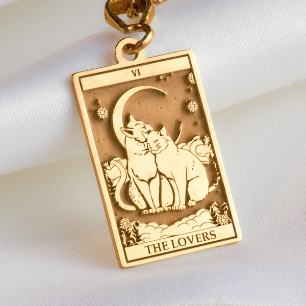 14K Solid Gold Katzenliebhaber Tarot, Katzen Gedenk Tarot Halskette, Echt Gold Katzen Anhänger Halskette, Katzenliebhaber Geschenk, Kitty Liebhaber Tarot Halskette