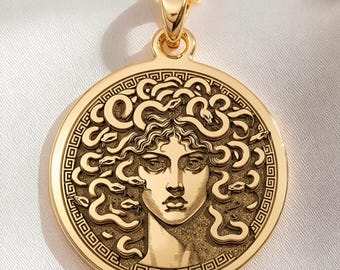 14K Solid Gold Medusa Coin Pendant - Greek Mythology Gorgon Talisman