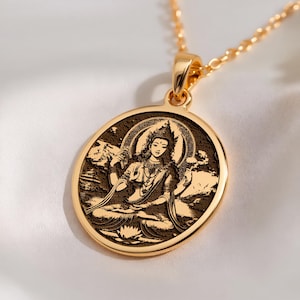 Green Tara Pendant: 14K Solid Gold Varada Mudra, Compassion Deity Gem