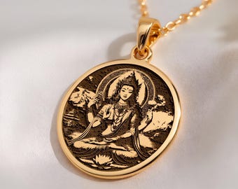 Green Tara Pendant: 14K Solid Gold Varada Mudra, Compassion Deity Gem