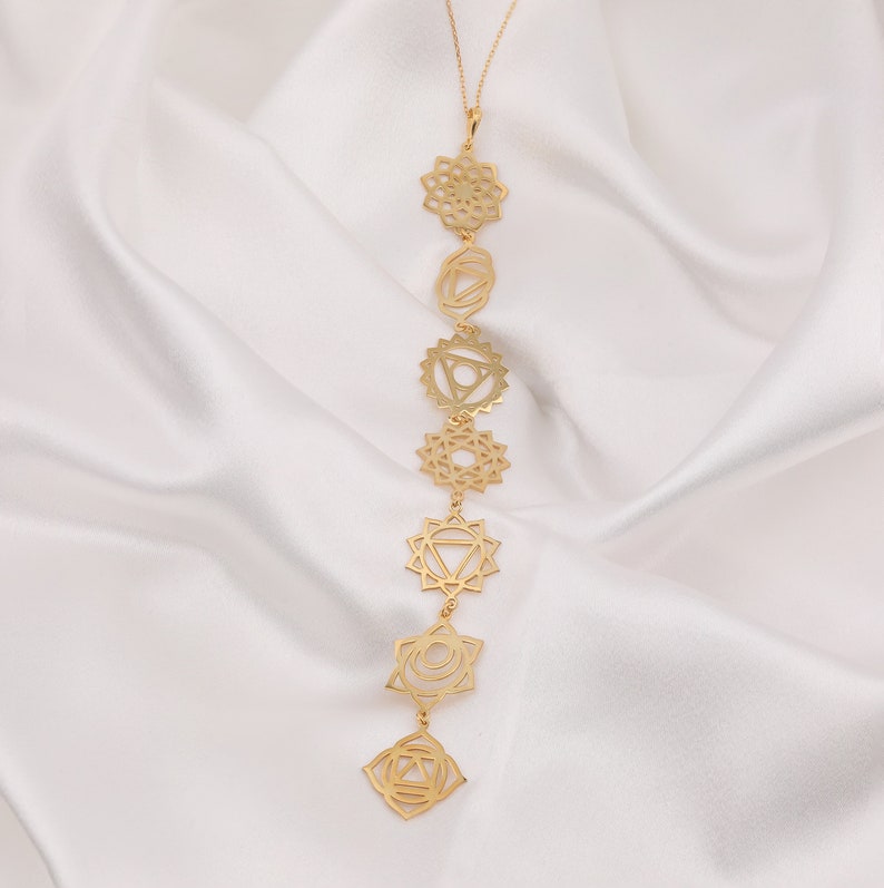 14K Solid Gold 7 Chakra Halskette, Sterling Silber Sieben Chakras Charme, spirituelle Anhänger, Chakra Schmuck, Spiritualität Charme Bild 5