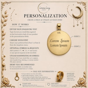 The image is a promotional material for a jewelry company, specifically focusing on personalized pendants. It features a pendant with the text "Lorem Ipsum" and provides information on how to create a unique piece of jewelry.