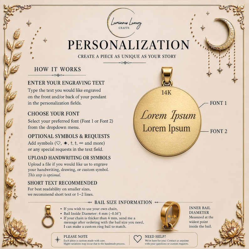 The image is a promotional material for a jewelry company, specifically focusing on personalized pendants. It features a pendant with the text "Lorem Ipsum" and provides information on how to create a unique piece of jewelry.