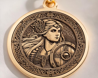 14K Solid Gold Lagertha Shield Pendant, Viking Shield Maiden Norse Warrior Medal