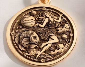 14K Solid Gold Pisces Zodiac Coin Pendant - Personalized Astrology Talisman
