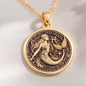 A celestial Pisces mermaid coin pendant crafted in 14K Solid Gold, featuring ocean goddess art and zodiac charm design—perfect for water sign lovers seeking astrology amulet elegance as a birthday gift or personal talisman.
