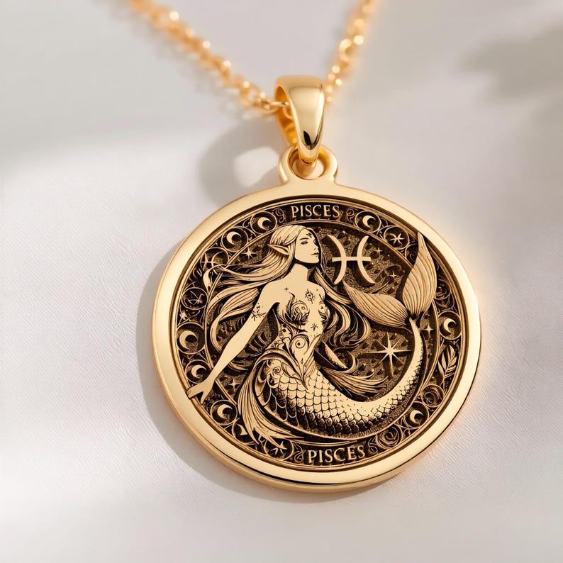 A celestial Pisces mermaid coin pendant crafted in 14K Solid Gold, featuring ocean goddess art and zodiac charm design—perfect for water sign lovers seeking astrology amulet elegance as a birthday gift or personal talisman.
