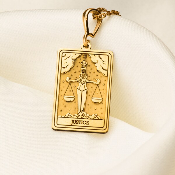 14K Solid Gold Justice Charm Necklace, Dainty Silver Triple Chain Tarot Card Necklace, Justice Rose Gold Tarot Charm Pendant Gift for Her