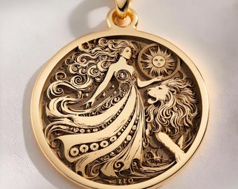 Collar Leo de oro macizo de 14 quilates, regido por el Sol, elemento fuego, astrología.