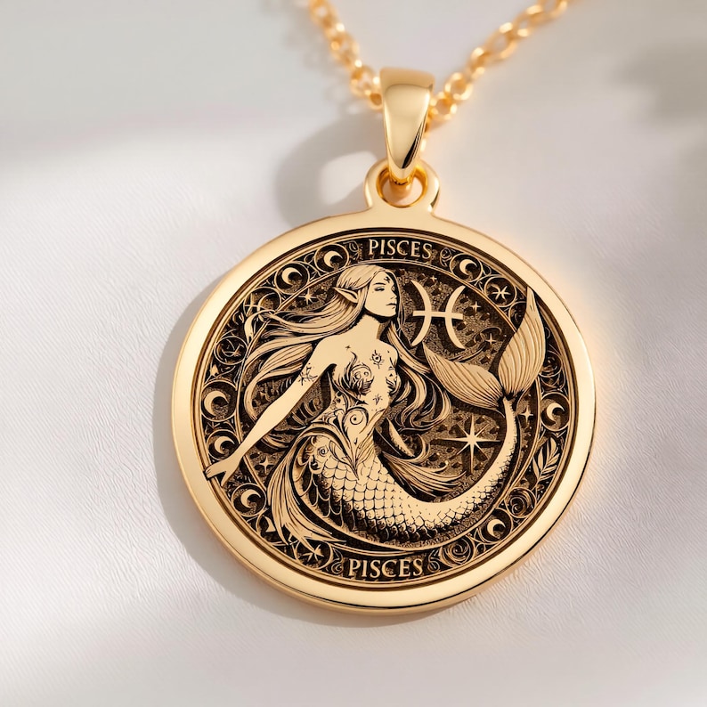 A celestial Pisces mermaid coin pendant in 14K Solid Gold, designed as a mystical Zodiac charm for Water Sign lovers — an Ocean Goddess art amulet that captures the fluid grace of the sea and the cosmic energy of the zodiac, perfect for birthdays.