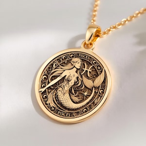 A celestial Pisces mermaid coin pendant crafted in 14K Solid Gold, featuring ocean goddess art and zodiac charm motifs perfect for water sign lovers — ideal as a birthday gift or astrology amulet for the mystical wearer.