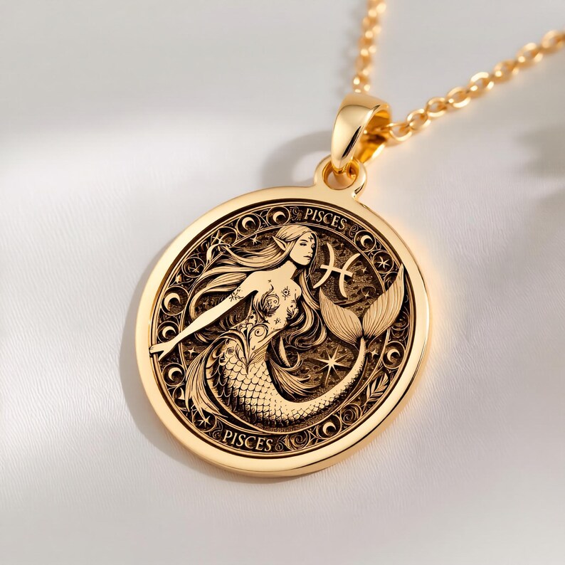 A celestial Pisces mermaid coin pendant crafted in 14K Solid Gold, featuring ocean goddess art and zodiac charm motifs perfect for water sign lovers — ideal as a birthday gift or astrology amulet for the mystical wearer.