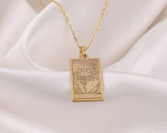 14K Solid Gold Lovers Tarot Card Pendant - Skeleton Romantic Gothic Talisman
