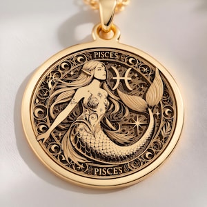 A stunning 14K Solid Gold Pisces Mermaid Coin Pendant, crafted as a celestial Zodiac Talisman for Water Sign lovers — this Ocean Goddess Art charm embodies mystical astrology with elegant, fluid design, perfect for birthday gifting or daily wear as.
