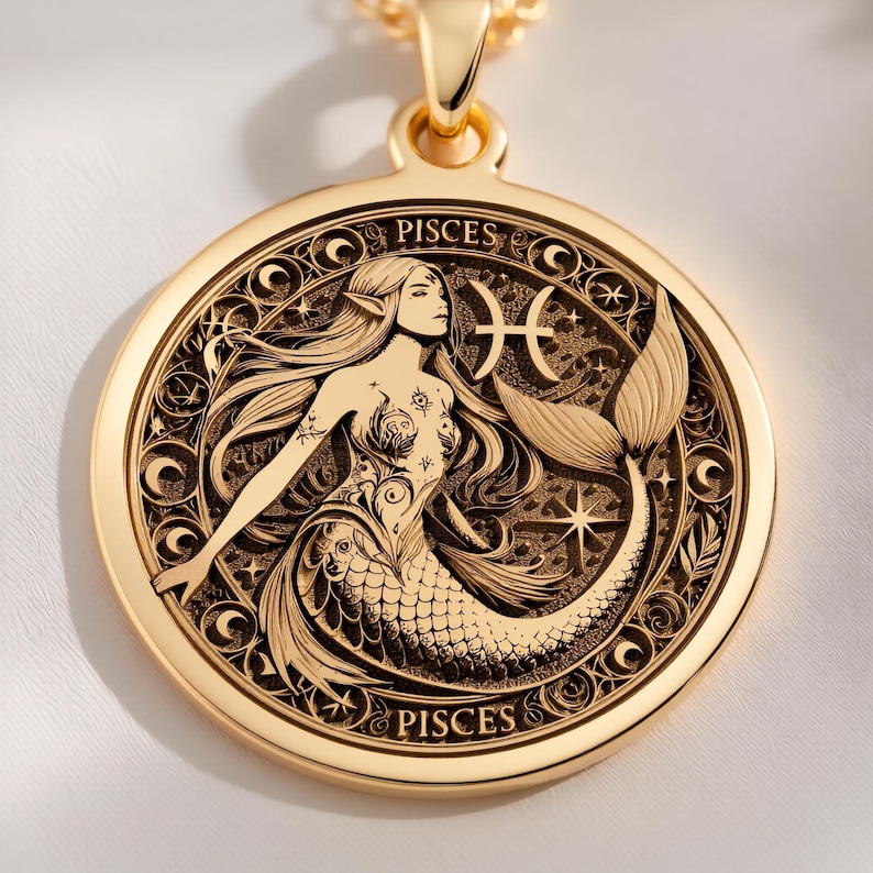 A stunning 14K Solid Gold Pisces Mermaid Coin Pendant, crafted as a celestial Zodiac Talisman for Water Sign lovers — this Ocean Goddess Art charm embodies mystical astrology with elegant, fluid design, perfect for birthday gifting or daily wear as.