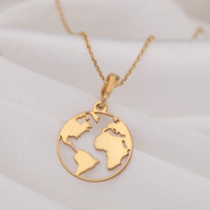 14K Solid Gold World Map Necklace, Globe Wanderlust Adventure Journey Jewelry